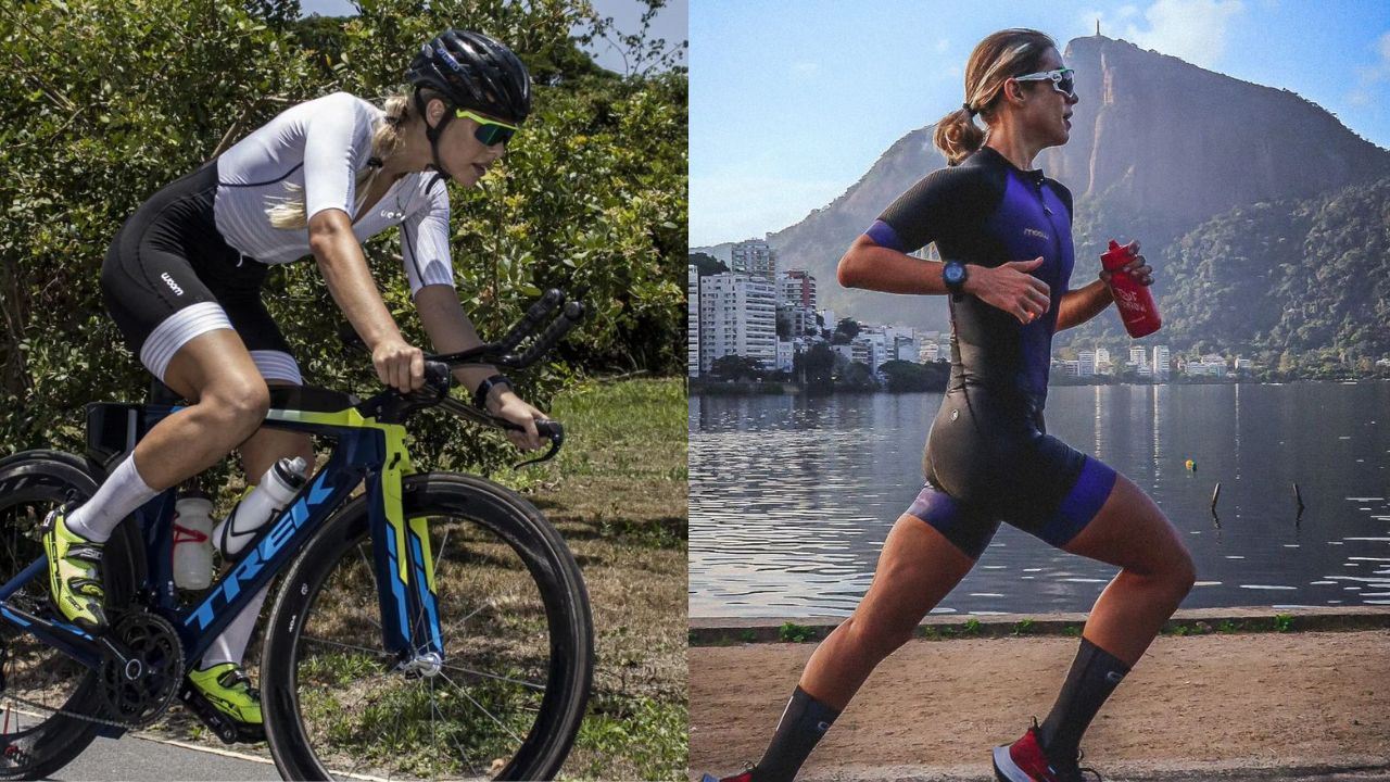 atleta da probiótica treinando com bicicleta do lado esquerdo e praticando corrida do lado direito