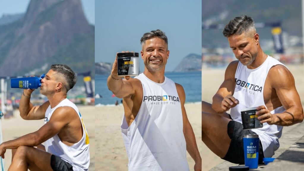 atleta probiotica na praia consumindo creatina