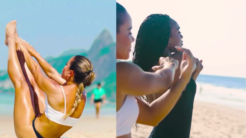 atleta probiótica realizando yoga na praia