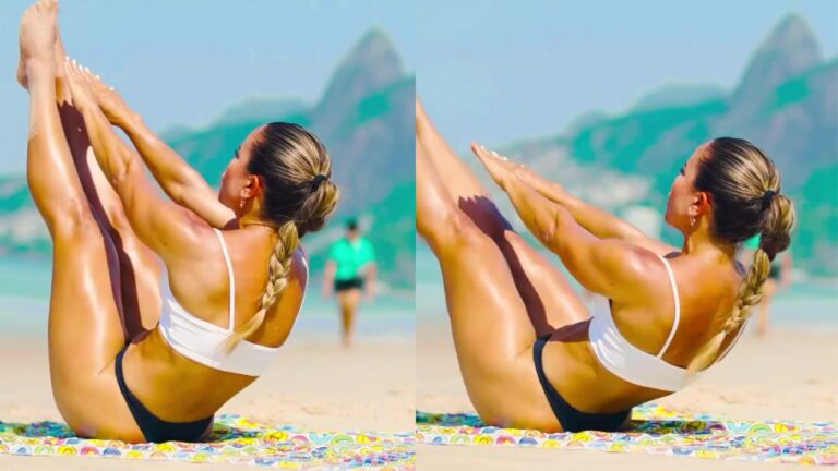 atleta probiotica praticando yoga na praia