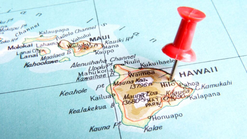 mapa mostrando alfinete na região do Havai