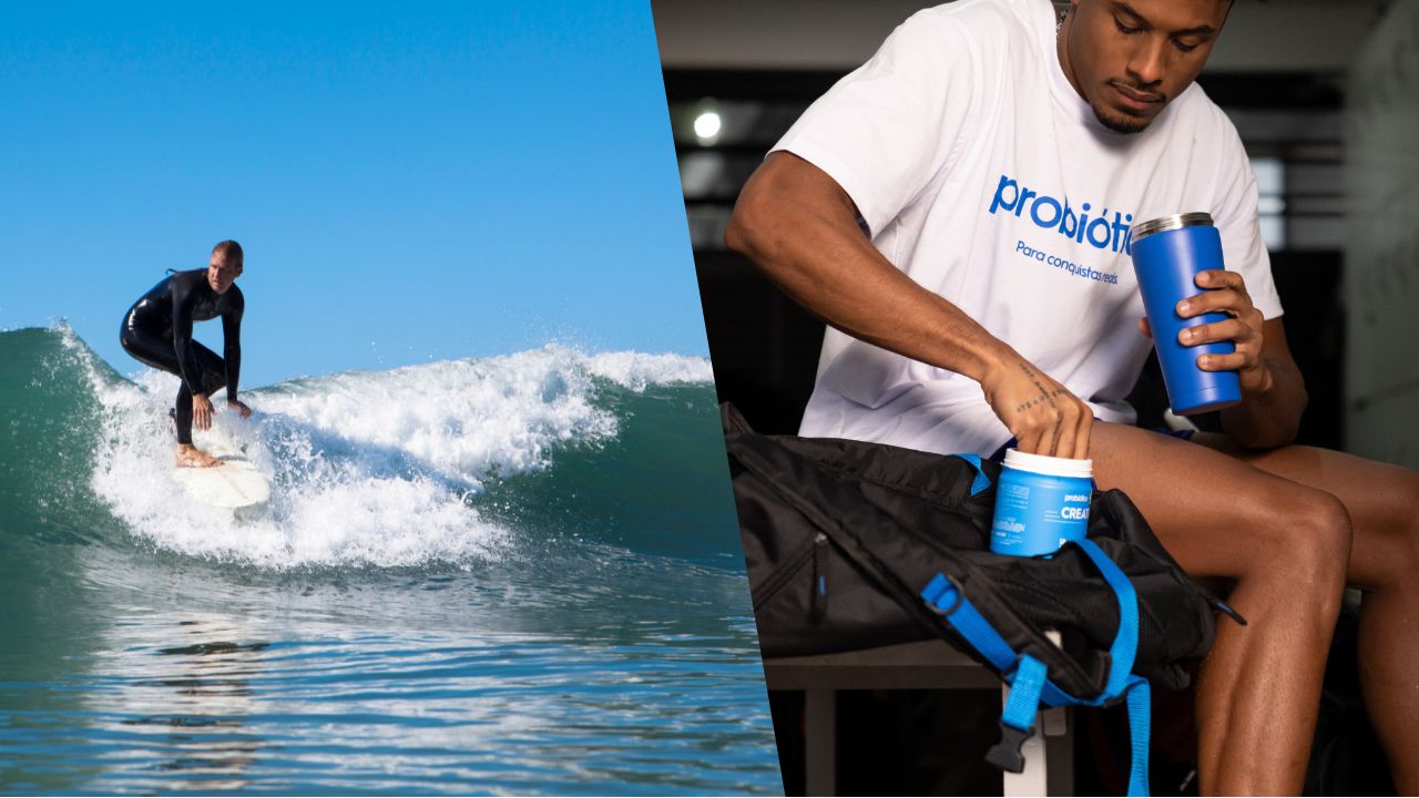a esquerda surfista pegando onda a direita atleta usando creatina