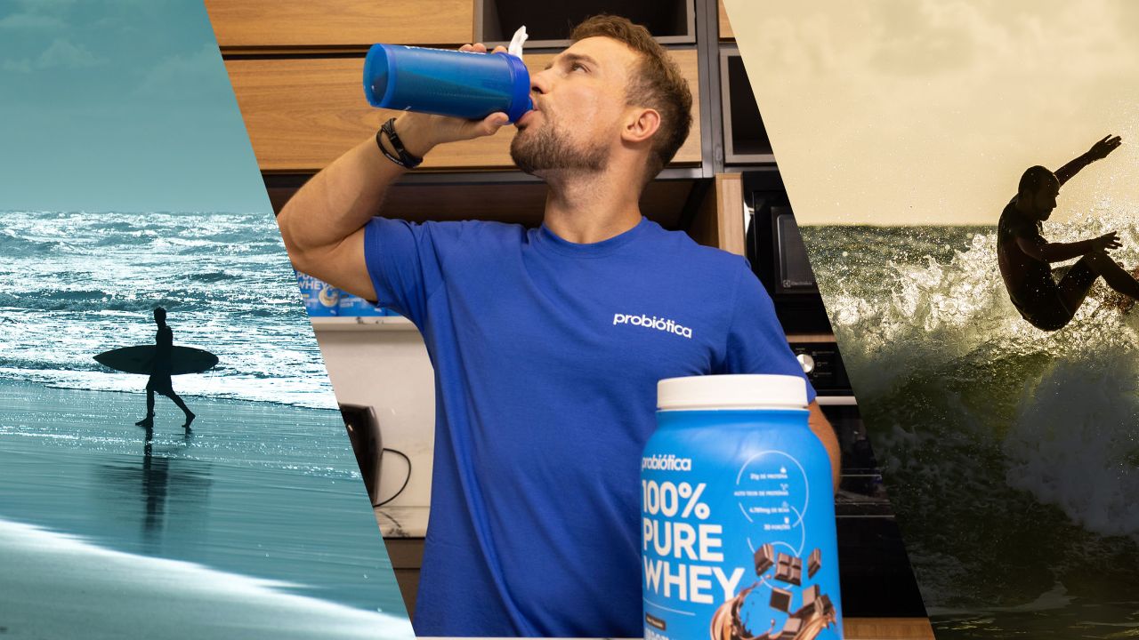 surfista na praia e atleta probiótica consumindo whey