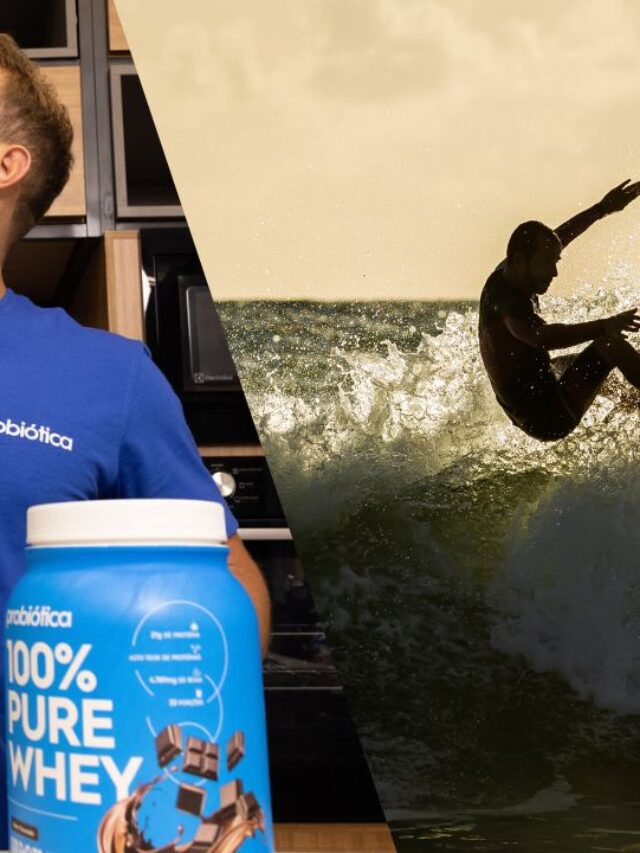 surfista na praia e atleta probiótica consumindo whey