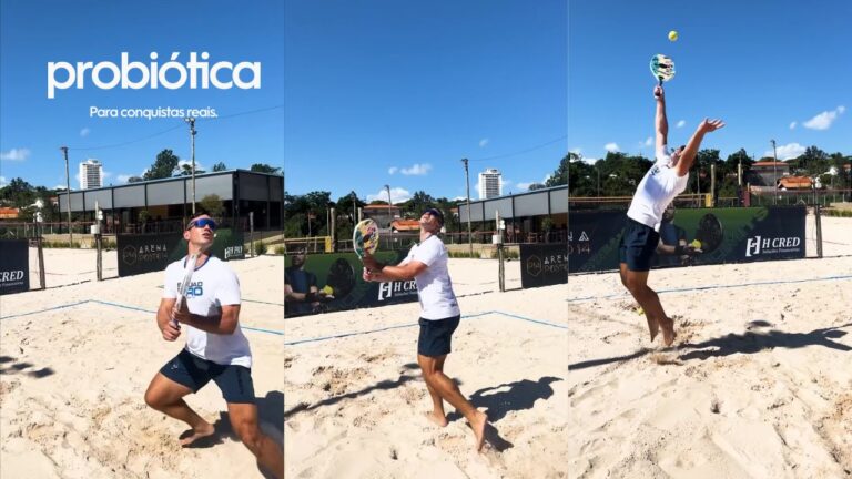 atleta probiotica enio durante treino de beach tennis