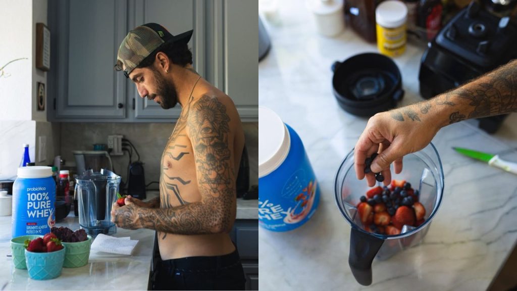 filipe toledo preparando shake de whey com frutas
