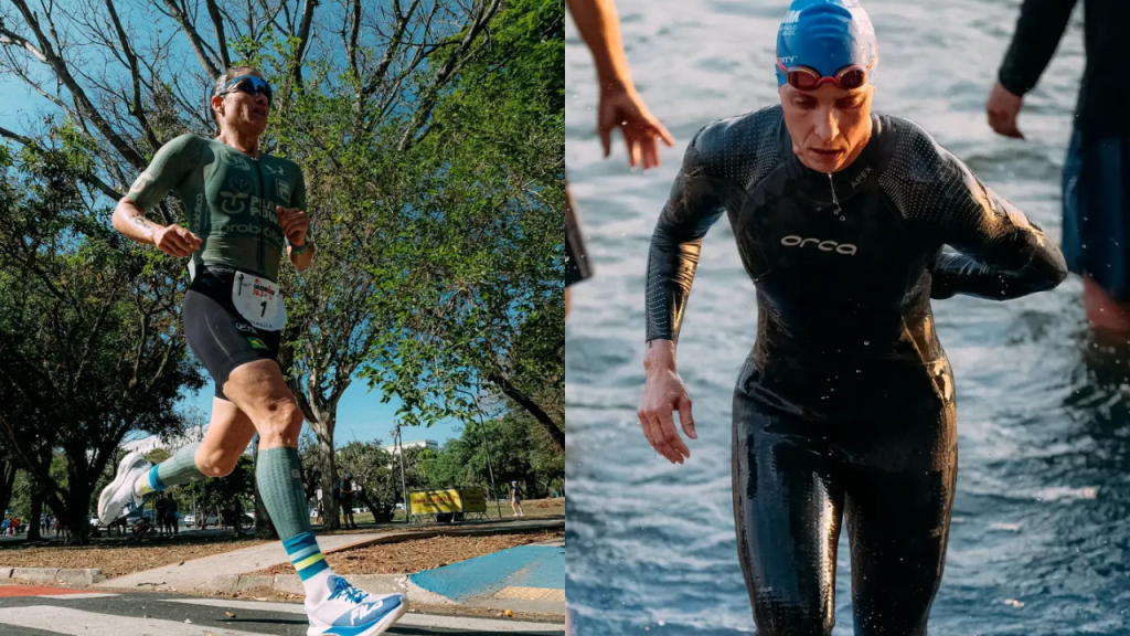 pami oliveira durante corrida e natação ironman